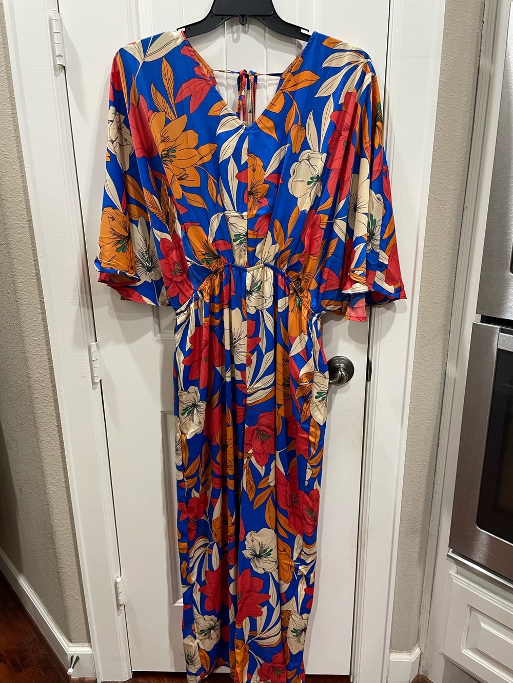 Easel Mirabelle Red Blue Orange Floral Wide Leg Jumpsuit Sz L NWT - Picture 6 of 9